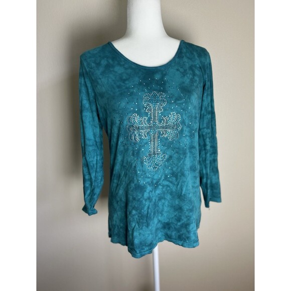 Reba Tops - Reba Top Womens Medium Blue Western Tribal Embroidered Cross Embellished Studded